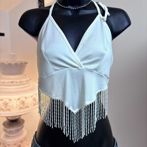 Windsor White Halter Top with Beaded Fringe